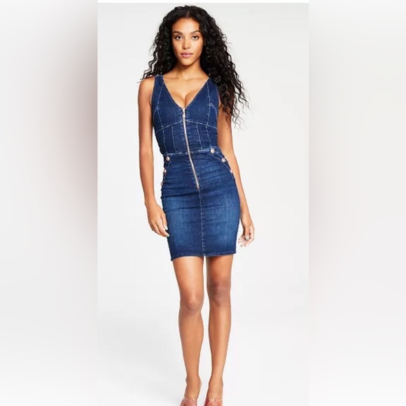 GUESS Women's Reina Zip-Front V-Neck Cutout Denim Dress size XS brand new - Picture 4 of 4
